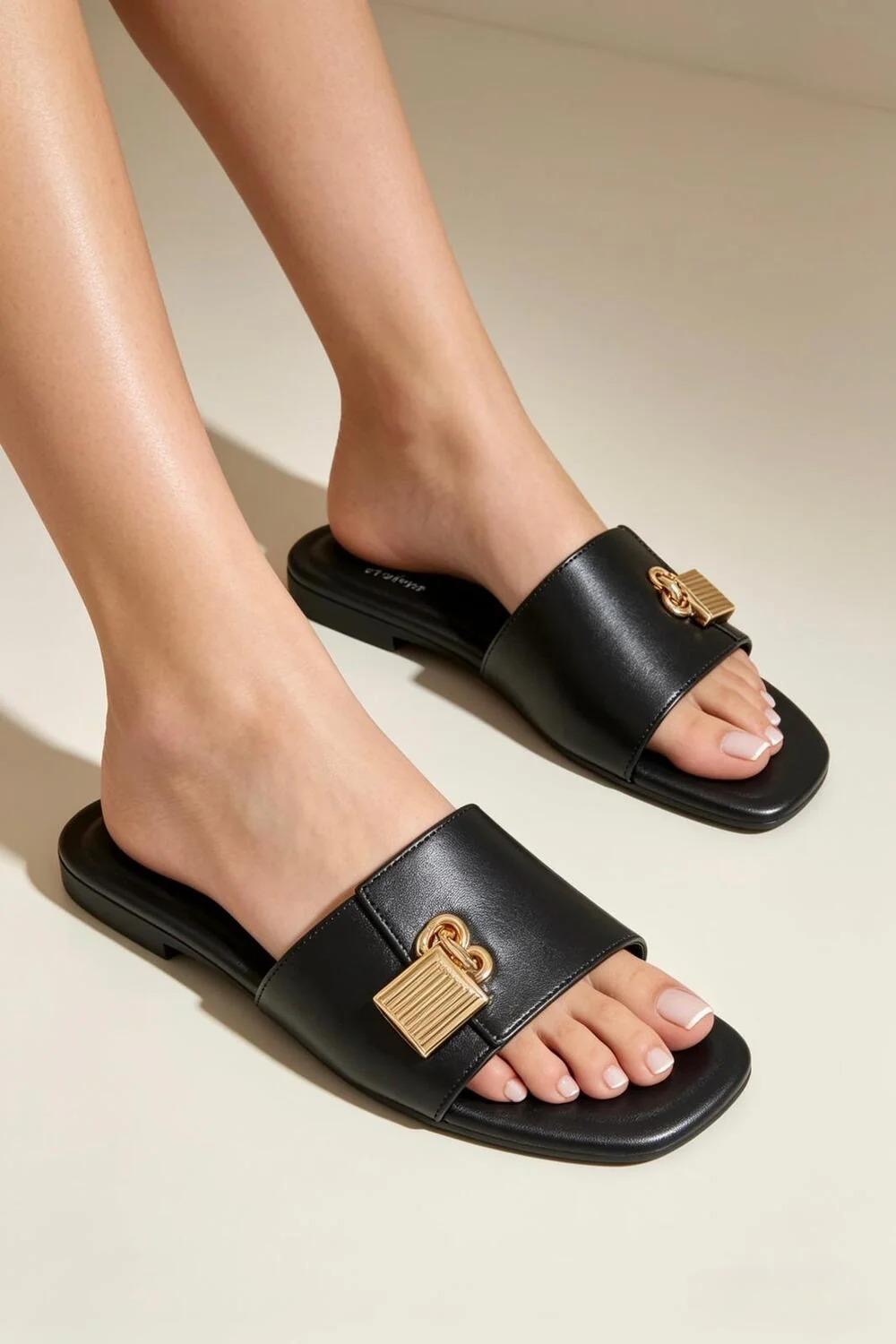 Women’s Lock Charm Flat Slide Sandals